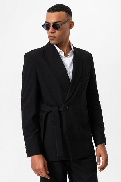 Black Double-Breasted Belted Men's Blazer