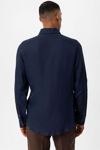 Men's Navy Blue 100% Linen Long-Sleeve Shirt -