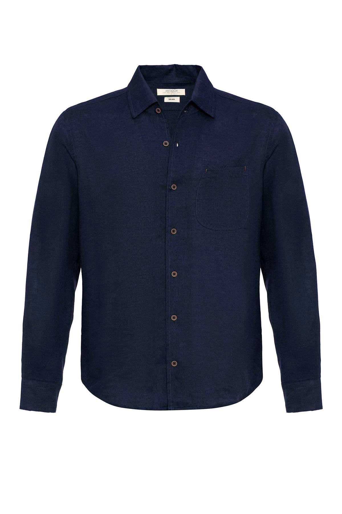 Men's Navy Blue 100% Linen Long-Sleeve Shirt -