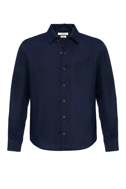Men's Navy Blue 100% Linen Long-Sleeve Shirt