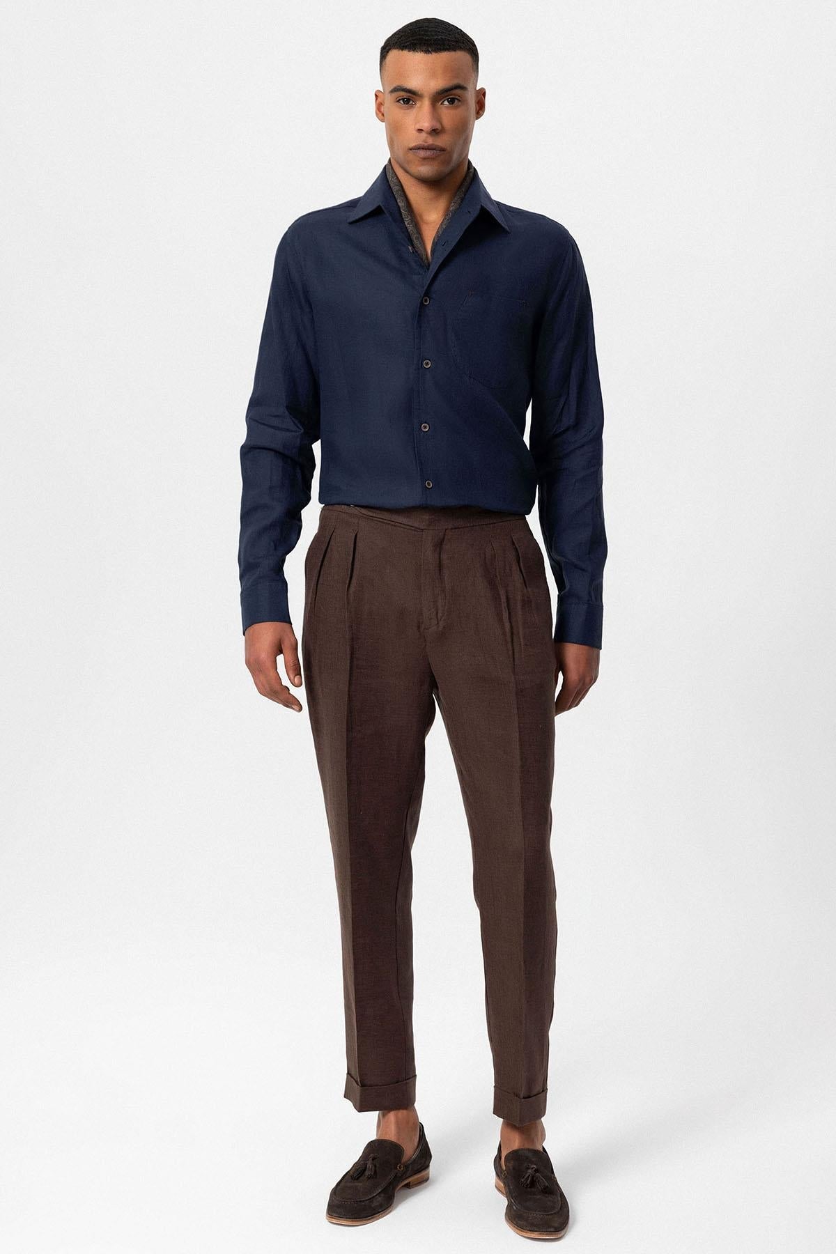 Men's Navy Blue 100% Linen Long-Sleeve Shirt -