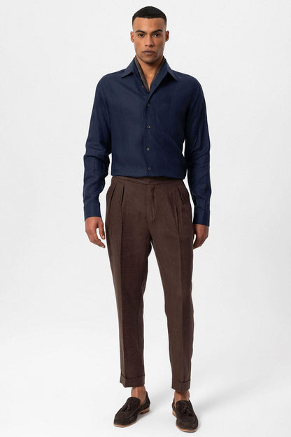 Men's Navy Blue 100% Linen Long-Sleeve Shirt -