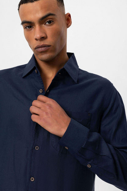 Men's Navy Blue 100% Linen Long-Sleeve Shirt -