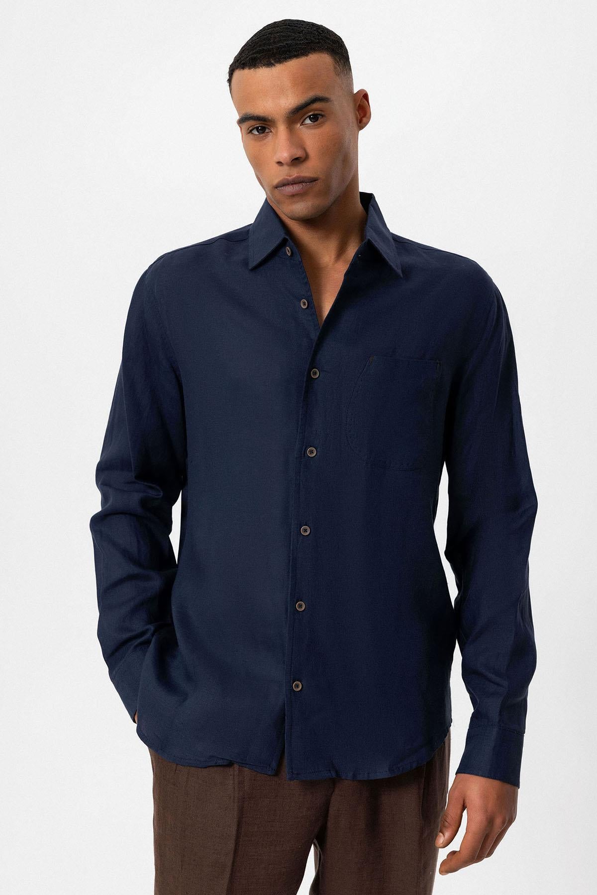 Men's Navy Blue 100% Linen Long-Sleeve Shirt