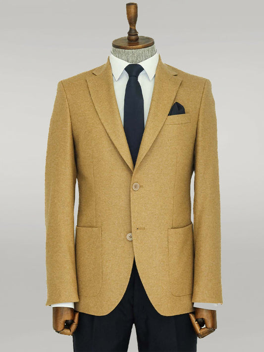 KOALA SYDNEY  Slim Fit Plain Wide Lapel Tan Men Wool Blazer -