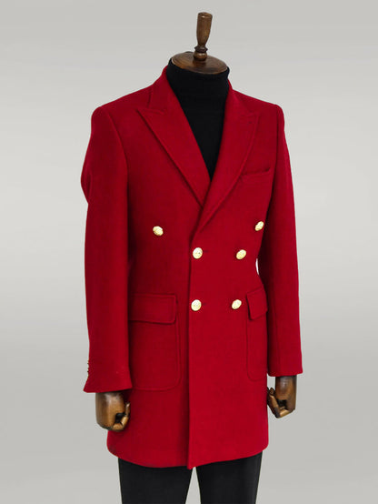 Metal Buttoned Double Breasted Burgundy Men Coat