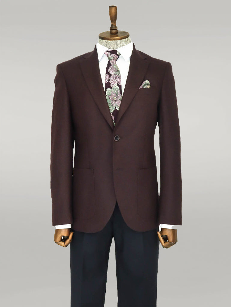 KOALA SYDNEY Slim Fit Plain Wide Lapel Burgundy Men Wool Blazer
