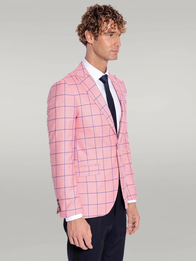 KOALA SYDNEY Blue Plaid Patterned Slim Fit Pink Men Blazer
