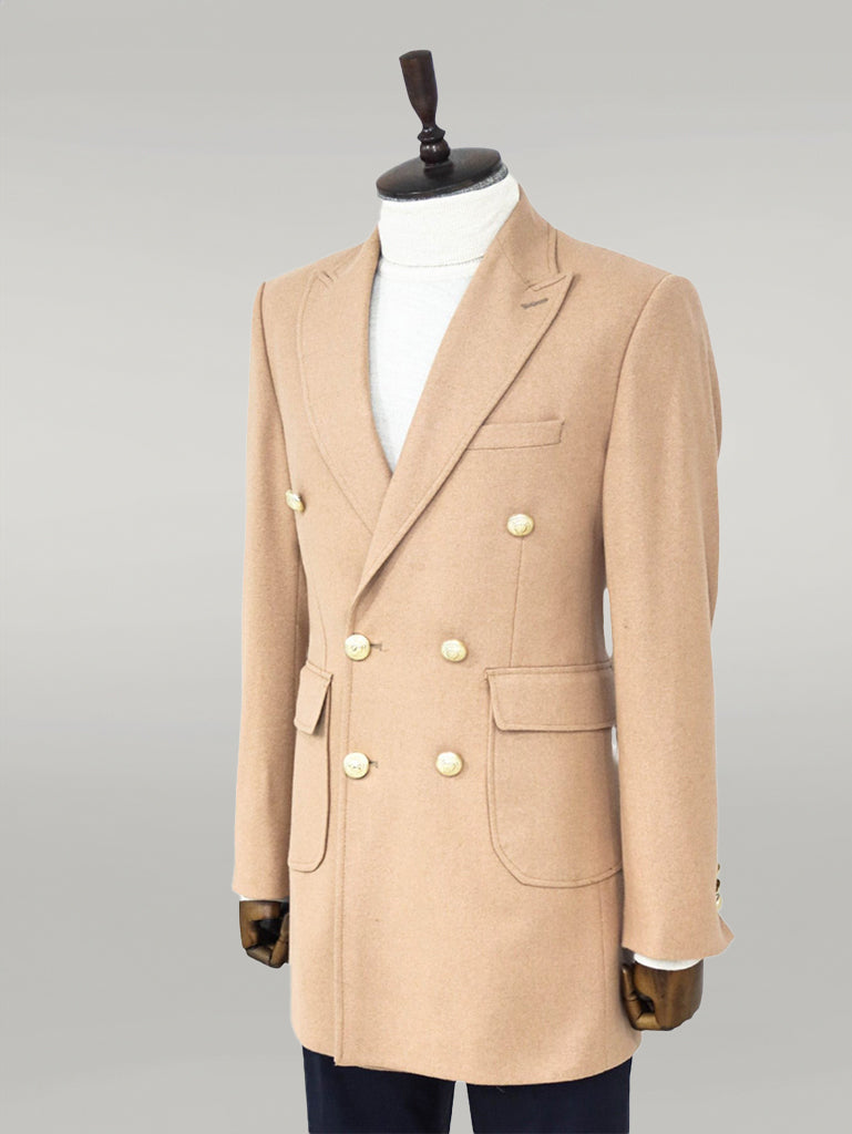Metal Buttoned Double Breasted Cream Men Coat