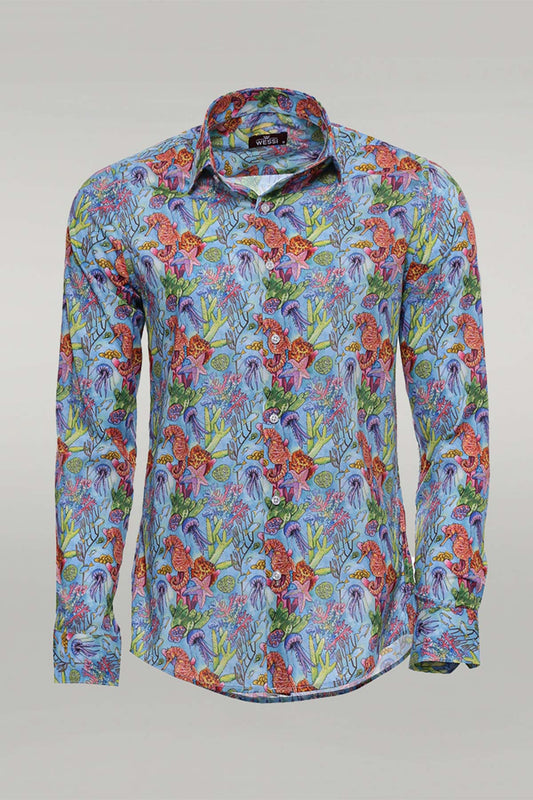 KOALA SYDNEY  Red Floral Patterned Slim-Fit Long Sleeves Navy Blue Shirt -
