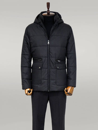 Slim Fit Hooded Black Men Coat