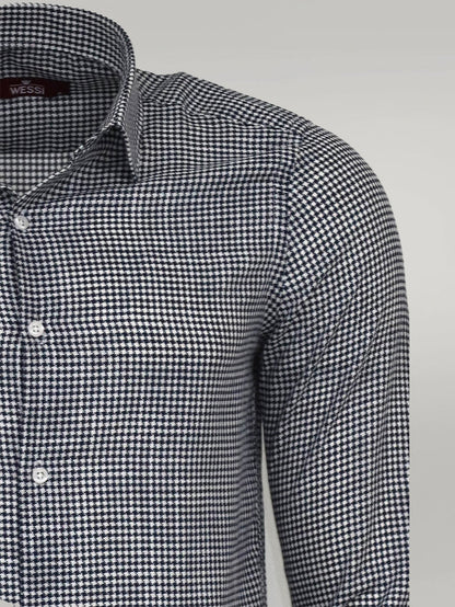 Houndstooth Pattern Navy Blue Men Shirt -