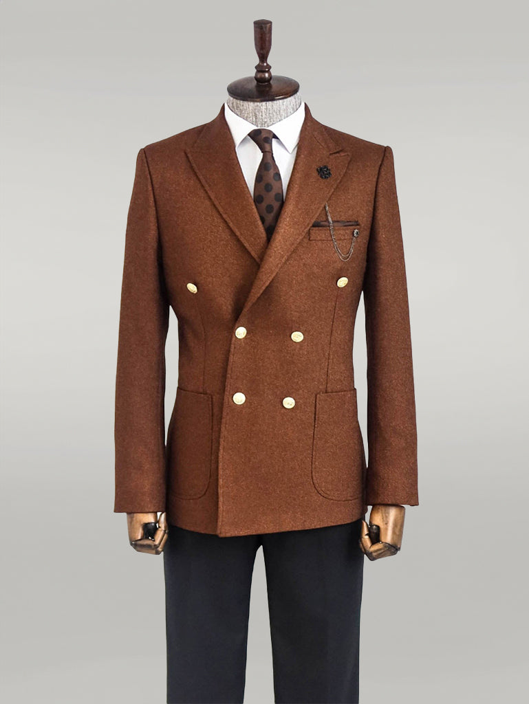 Double Breasted Slim Fit Brown Men Blazer