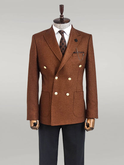Double Breasted Slim Fit Brown Men Blazer