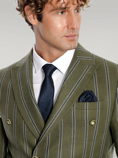 Wide Lapel Striped Double Breasted Green Men Blazer