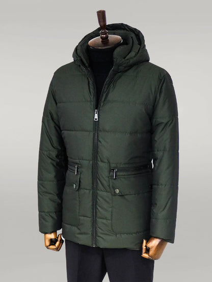 Slim Fit Hooded Green Men Coat