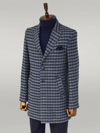 Cachet Plaid Wide Lapel Slim Fit Navy Blue Men Coat