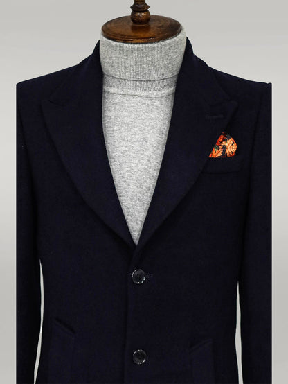 Wide Lapel Wool Navy Blue Men Coat