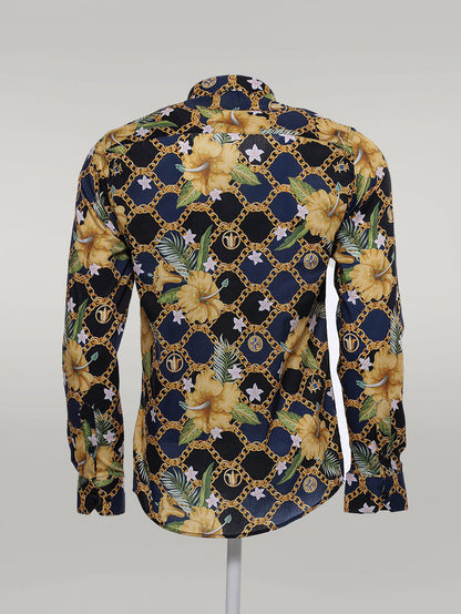 KOALA SYDNEY  Colorful Floral Patterned Slim Fit Long Sleeves Navy Blue Men Shirt -