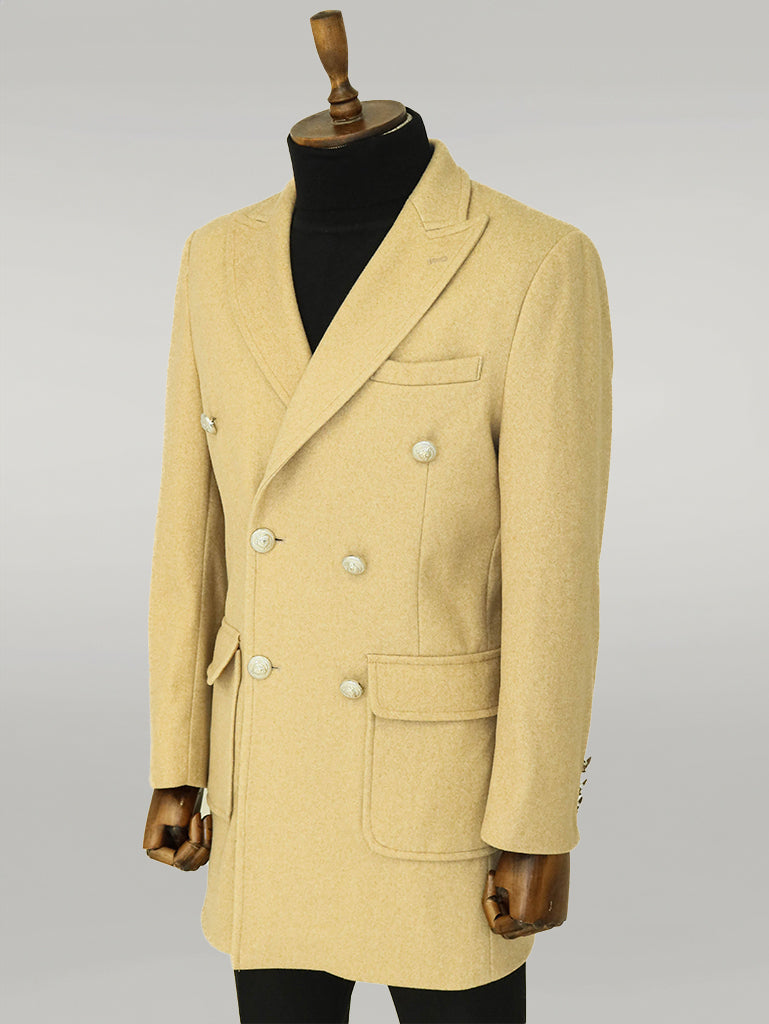 Metal Buttons Wool Cashmere Beige Men Double Breasted Coat