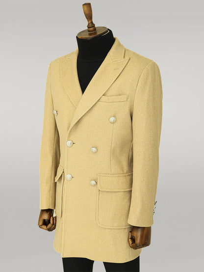 Metal Buttons Wool Cashmere Beige Men Double Breasted Coat