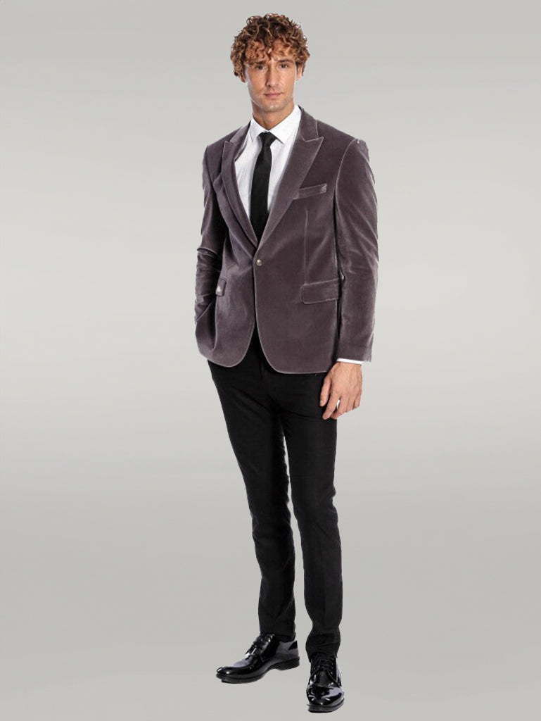 KOALA SYDNEY  Wide Peak Lapel Single Button Velvet Grey Men Blazer -
