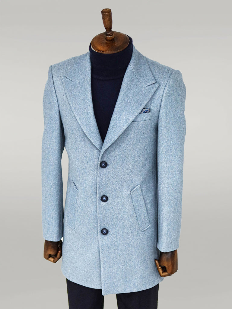 Wide Lapel Wool Light Blue Men Coat