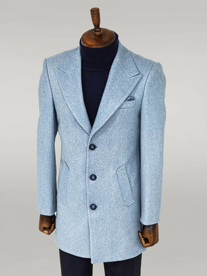 Wide Lapel Wool Light Blue Men Coat