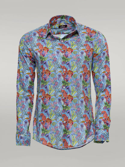 KOALA SYDNEY  Red Floral Patterned Slim-Fit Long Sleeves Navy Blue Shirt -