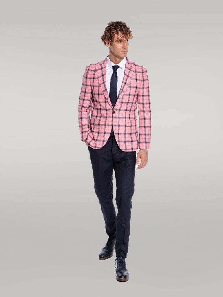 Plaid Slim Fit Pink Men Blazer