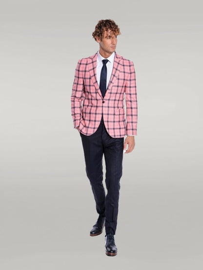 Plaid Slim Fit Pink Men Blazer