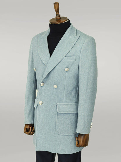 Metal Buttons Wool Cashmere Light Blue Men Double Breasted Coat