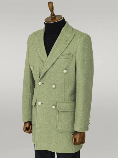 Metal Buttons Wool Cashmere Green Men Double Breasted Coat