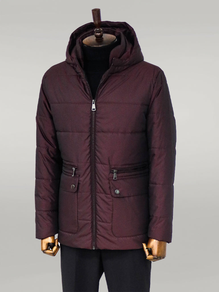 Slim Fit Hooded Burgundy Men Coat