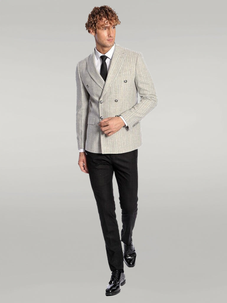 KOALA SYDNEY  Wide Lapel Striped Double Breasted Grey Men Blazer -