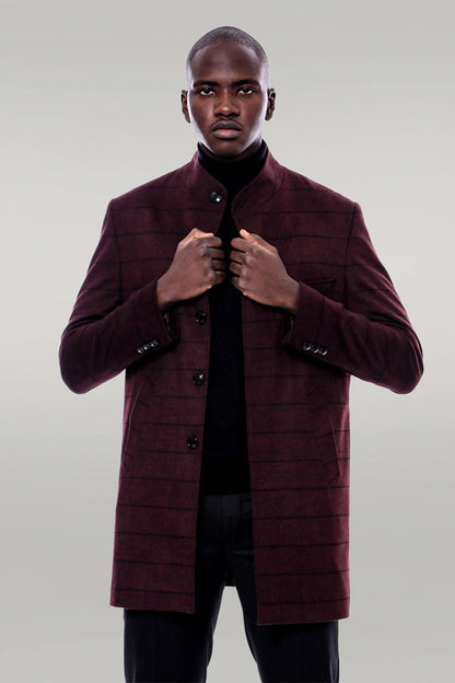 Mandarin Collar Burgundy Checked Coat