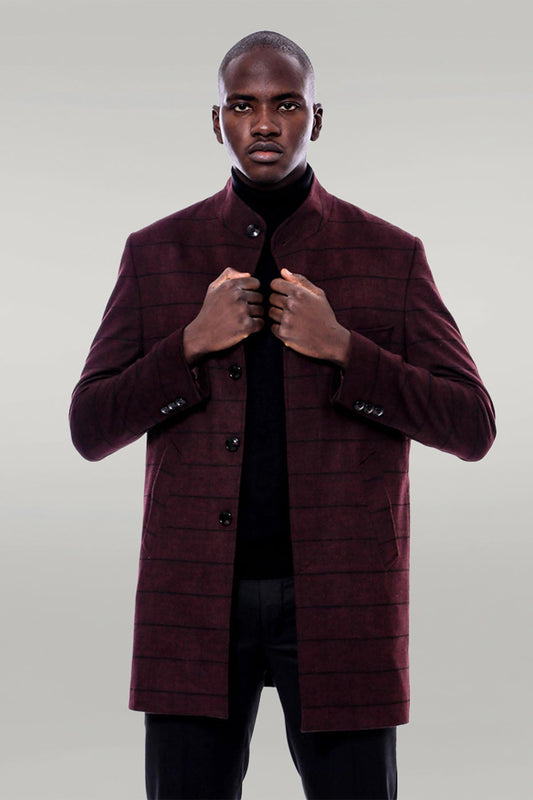 Mandarin Collar Burgundy Checked Coat