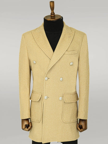 Metal Buttons Wool Cashmere Beige Men Double Breasted Coat