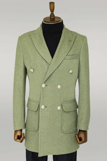 Metal Buttons Wool Cashmere Green Men Double Breasted Coat