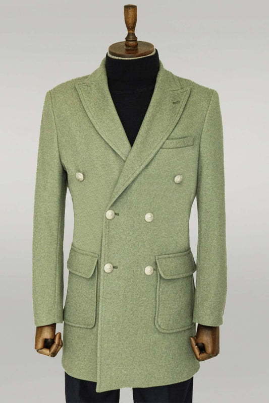 Metal Buttons Wool Cashmere Green Men Double Breasted Coat