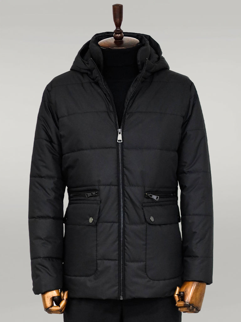 Slim Fit Hooded Black Men Coat