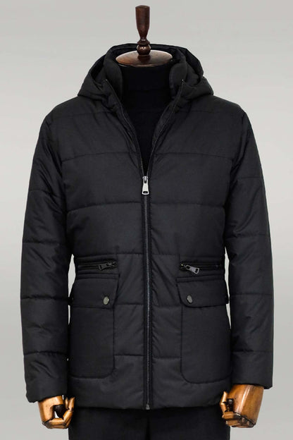 Slim Fit Hooded Black Men Coat