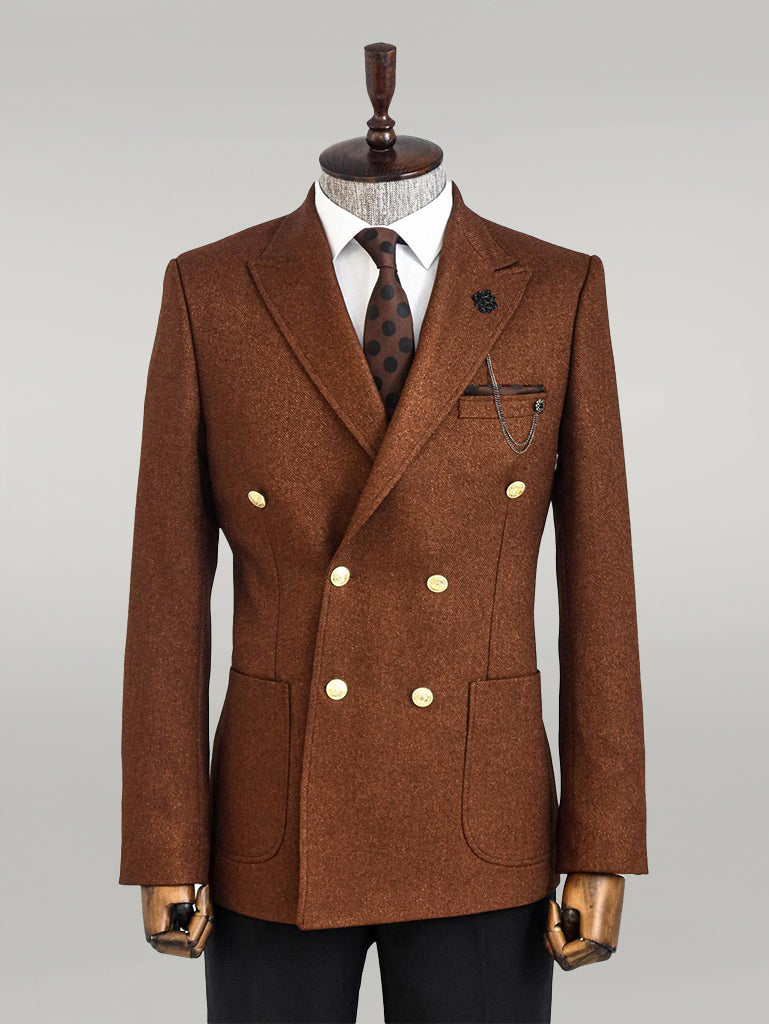 Double Breasted Slim Fit Brown Men Blazer