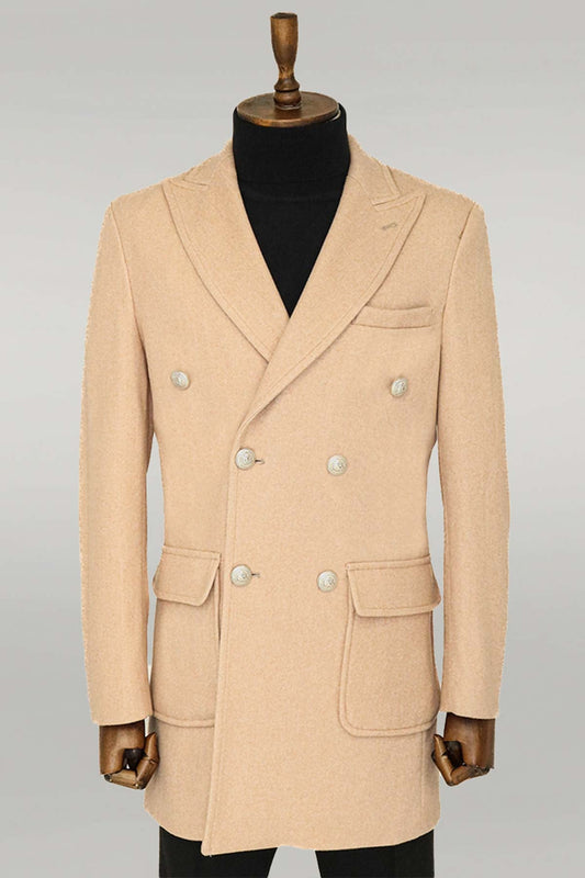 Metal Buttons Wool Cashmere Cream Men Double Breasted Coat