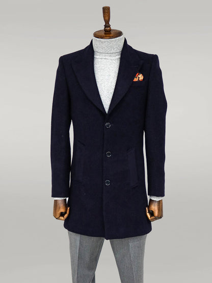 Wide Lapel Wool Navy Blue Men Coat
