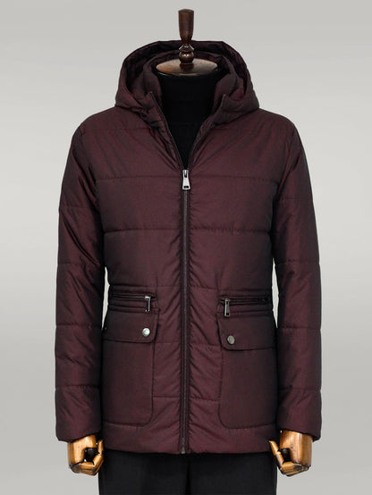 Slim Fit Hooded Burgundy Men Coat