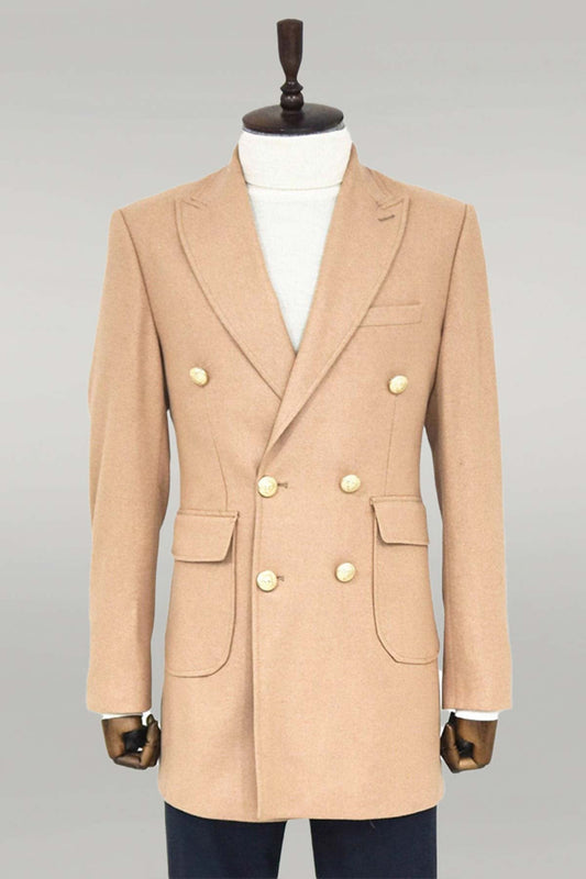 Metal Buttoned Double Breasted Cream Men Coat