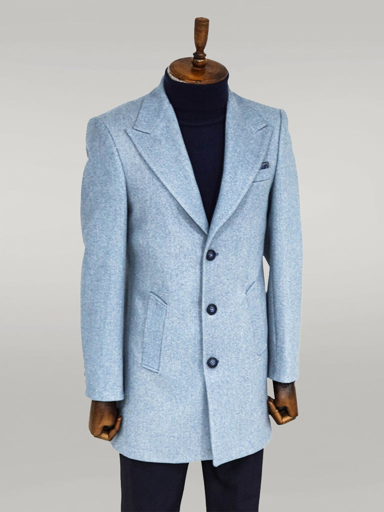 Wide Lapel Wool Light Blue Men Coat