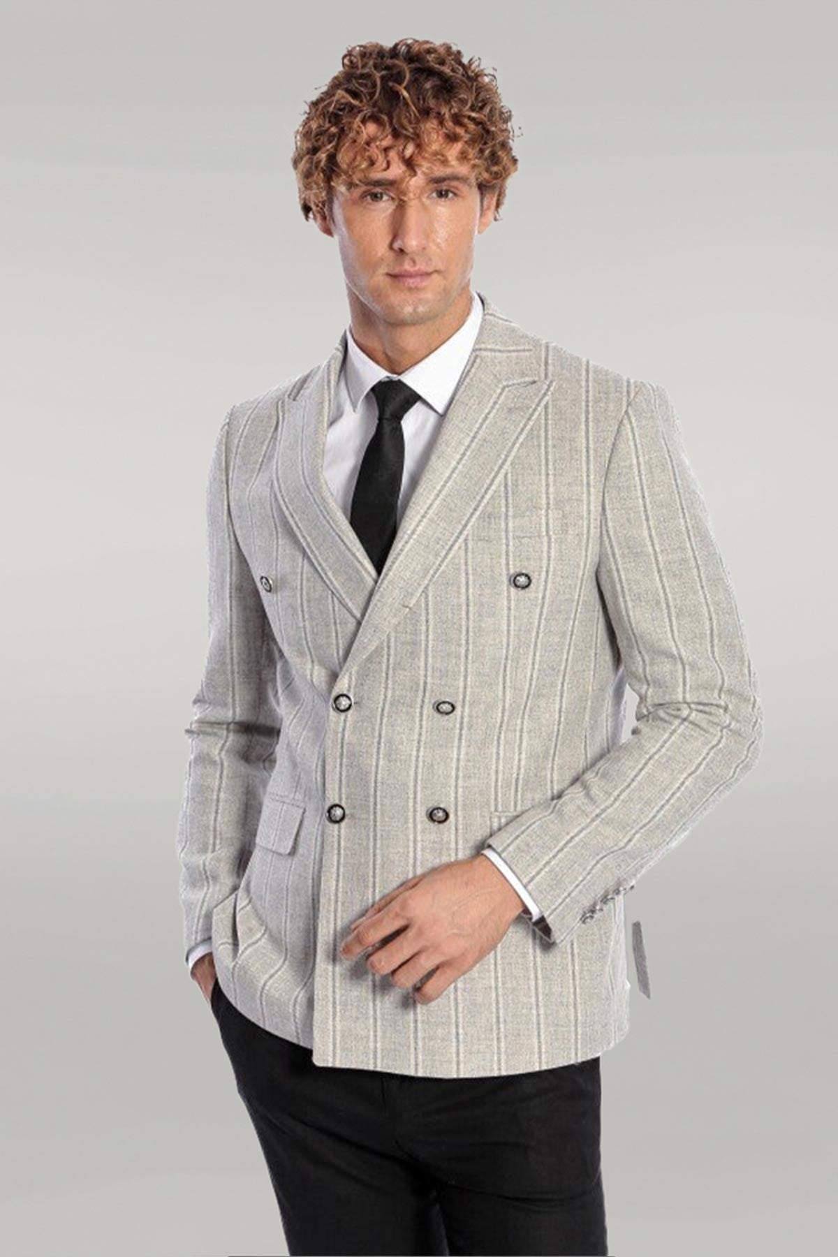 KOALA SYDNEY  Wide Lapel Striped Double Breasted Grey Men Blazer -