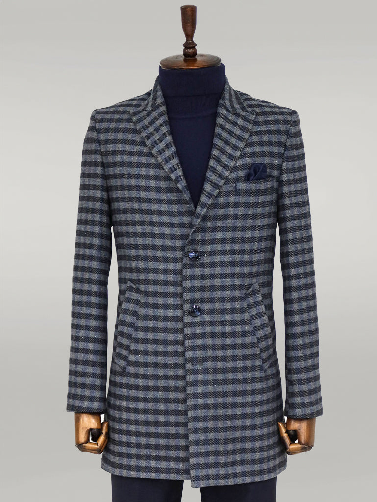 Cachet Plaid Wide Lapel Slim Fit Navy Blue Men Coat